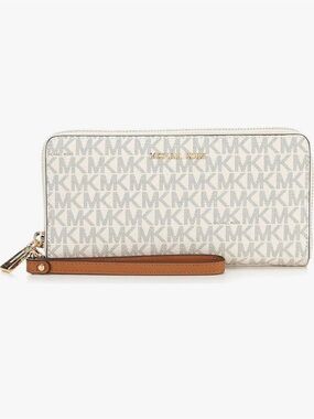 Michael Kors White MK Logo Zip Wristlet with Brown Strap